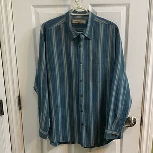 Tommy Bahama 100% Silk Blues Striped Long Sleeve Shirt Men’s Size Large Office